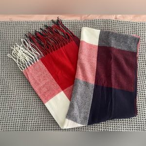 Red white and blue plaid scarf with fringe ends